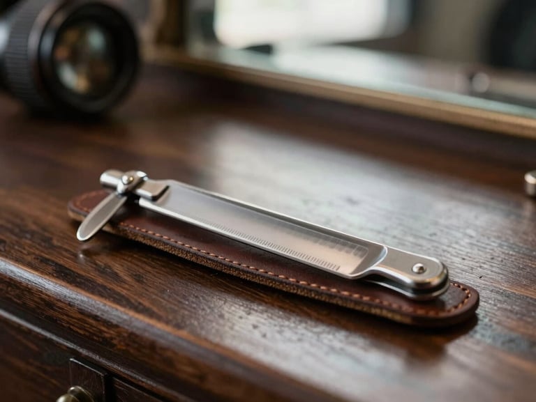 Extreme close-up of straight-razor blade and leather strop on a dark wooden barber counter, side-lit with a single window streak, out-of-focus mirror reflection in the background