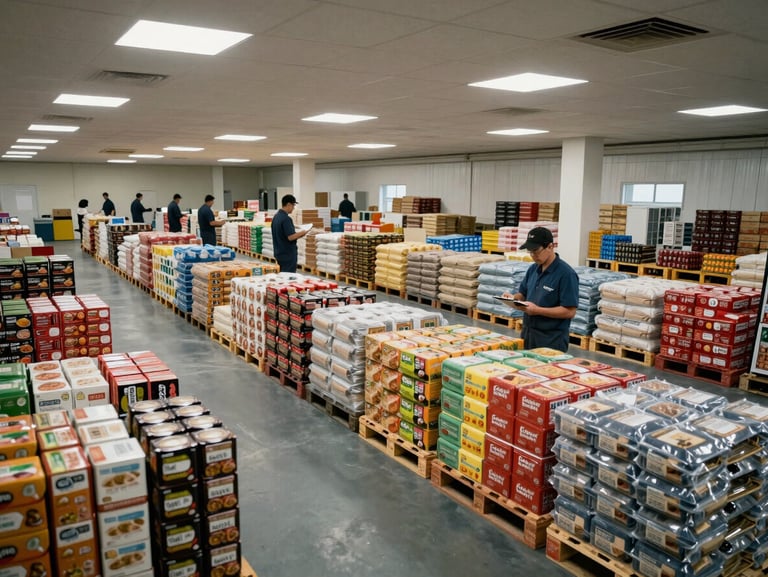 Wide environmental shot of a controlled food distribution center interior, pallets of grouped product categories arranged in distinct zones under overhead skylights, a worker with clipboard reviewing inventory in the mid-right frame