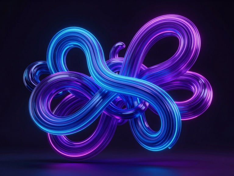 Vibrant, abstract 3D digital sculpture representing complex data flow, high-saturation digital glow, electric cobalt and deep violet neon lighting, dark background, landscape aspect.