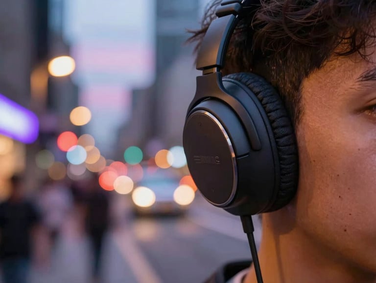 Vibrant close-up of a person wearing sleek headphones in a bustling city street at dusk, illuminated by warm amber and neon violet streetlights, shallow depth of field.