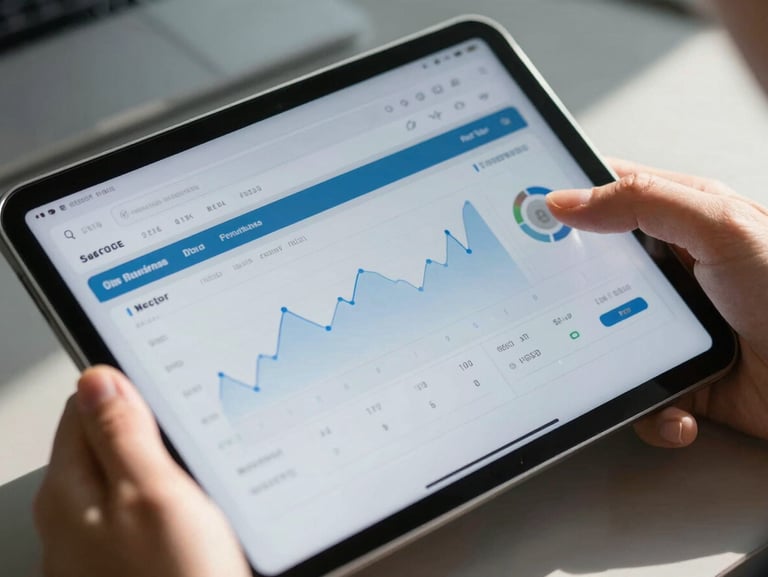 Close-up shot of hands interacting with a tablet showing a clean financial dashboard UI, bright natural daylight, high contrast, 35mm architectural lens