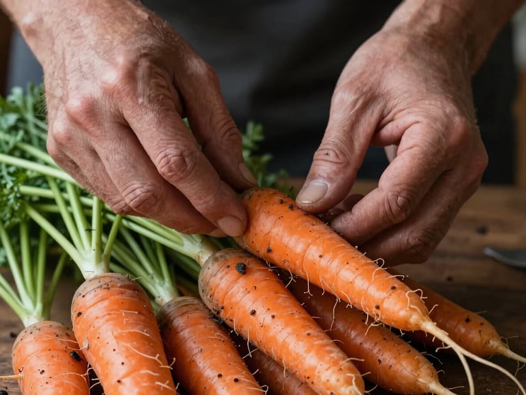 Close-up of weathered hands gently sorting heirloom carrots with dirt still clinging to the roots, soft morning light, natural shadows.