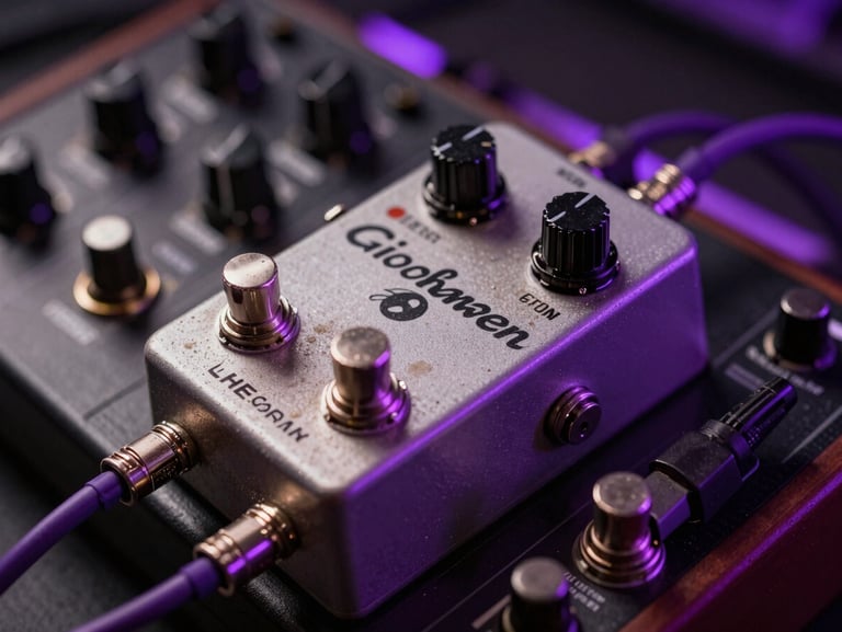 Extreme close-up of a dust-caked guitar pedal connected to a modular synthesizer patch bay with purple patch cables, low-key lighting with high-contrast violet strobes.