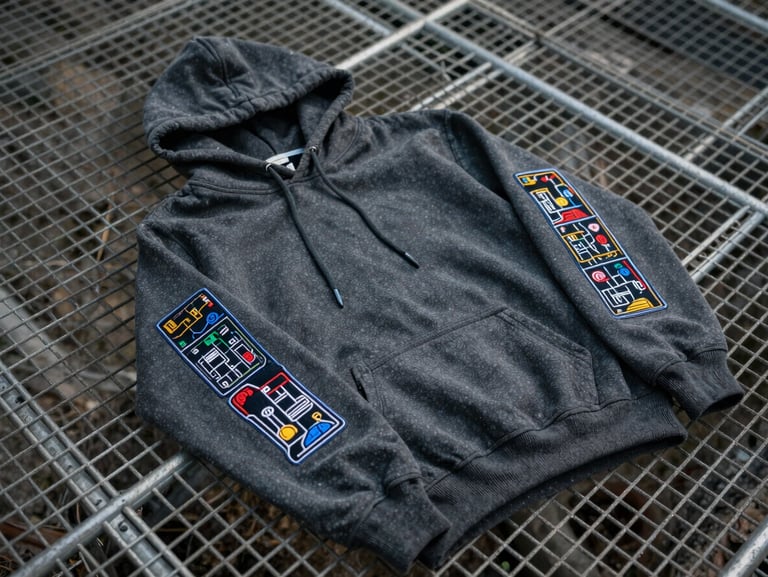 Landscape shot of a charcoal hoodie with embroidered modular patch bay diagrams on the sleeves, laid flat on a steel grid.