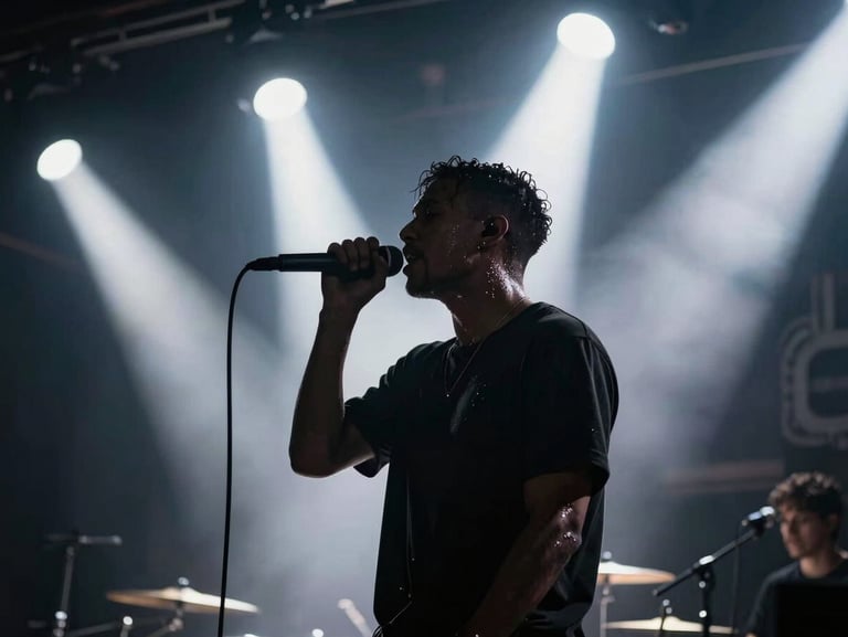 Sweat-glistening silhouette of a musician performing live on stage against blinding white strobe backlights, deep shadows, high-contrast industrial aesthetic.