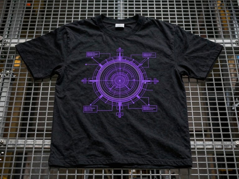 Landscape shot of a black heavy cotton t-shirt with a violet technical schematic of a reactor core, laid flat on a steel grid.