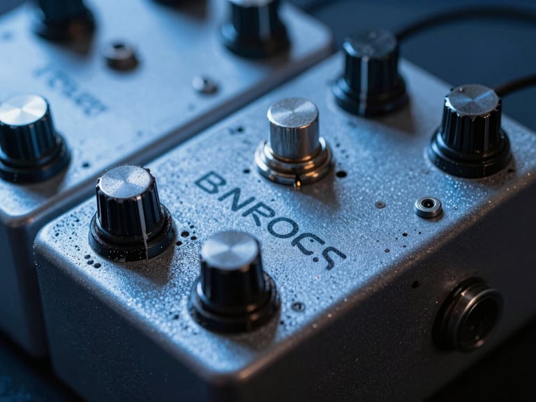 Extreme close-up of dust-caked guitar pedals under cold blue strobe lights, high-contrast framing