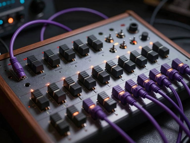 Modular synthesizer patch bay with violet patch cables glowing under low-key studio lighting, extreme close-up