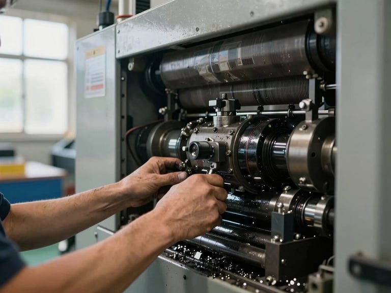 Documentary close-up of a technician's hands and forearms working on the internal mechanism of a large industrial packaging machine in an active production facility, grease and wear visible on components, natural light from a factory window to the left, metal shavings on the floor below