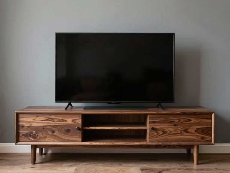 Vue frontale d'un salon minimaliste avec meuble TV suspendu en placage chêne et niches rétroéclairées.