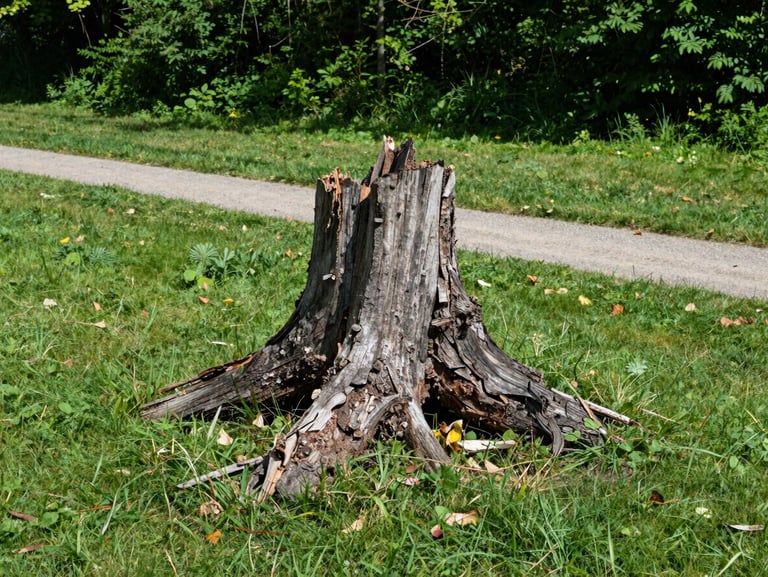 A jagged, rotting tree stump protruding from a manicured grass lawn, blocking walkways and mower paths, bright natural daylight, 35mm