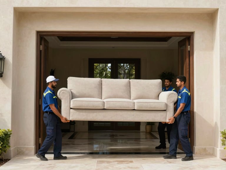 Professional uniform-clad movers carefully carrying a protected sofa through a wide villa doorway in Abu Dhabi.