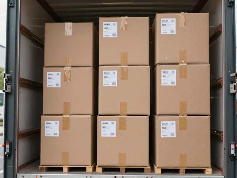 Neat rows of labeled, heavy-duty moving boxes stacked securely inside a clean, modern transport truck.