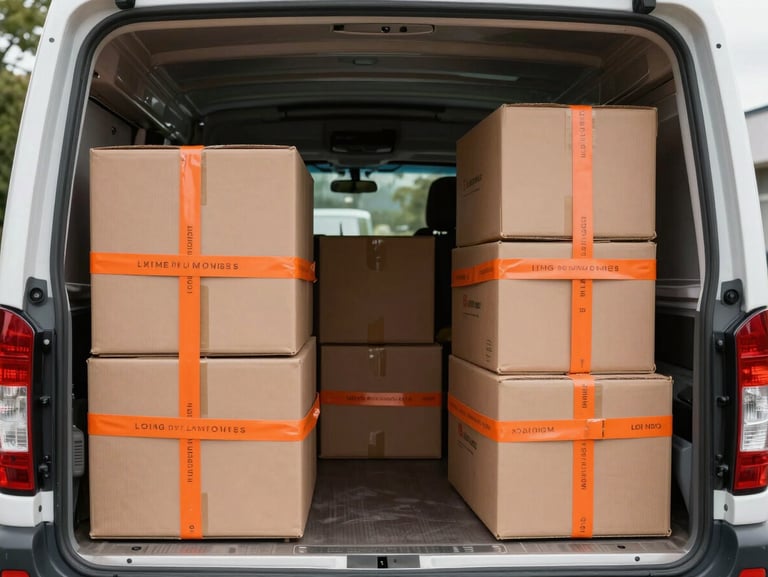 The clean interior of a liveried moving truck with neatly stacked, labeled heavy-duty moving boxes secured with orange cargo straps