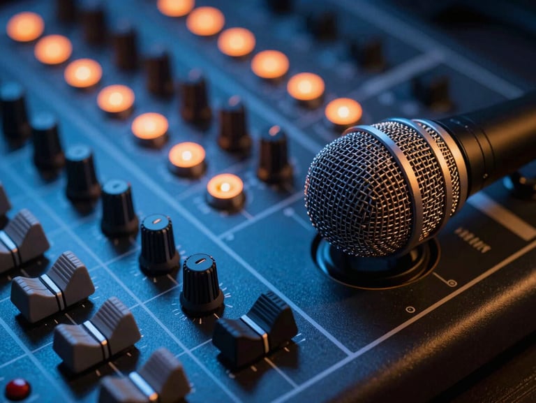 Close-up of a studio soundboard and microphone, high-contrast crisp lighting with electric blue and orange gel accents, sharp focus, 35mm