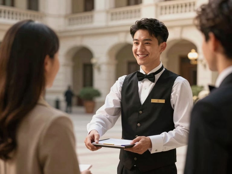 A warm, natural side-lit shot of a luxury hotel concierge welcoming a guest with a genuine smile, soft focus background of elegant architecture.