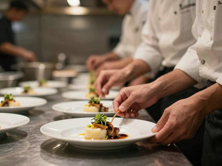 Close-up of a professional restaurant kitchen team collaborating in harmony, warm ambient lighting, focus on chef hands plating an elegant dish.