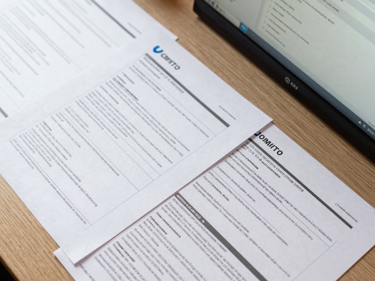 Overhead flat-lay of neatly organized corporate tax documents and a clean digital portal screen under bright daylight.