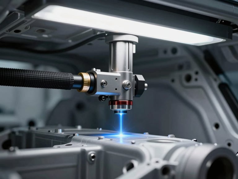 Macro shot of a high-tech laser alignment tool casting a sharp blue light beam onto a clean automotive chassis, clinical overhead LED lighting.