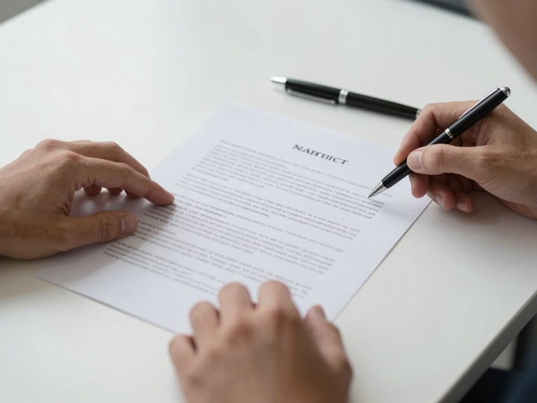 Close-up of hands reviewing a printed contract document on a clean white desk, a pen resting nearby, soft even studio lighting, contemporary office context, no text visible on the document