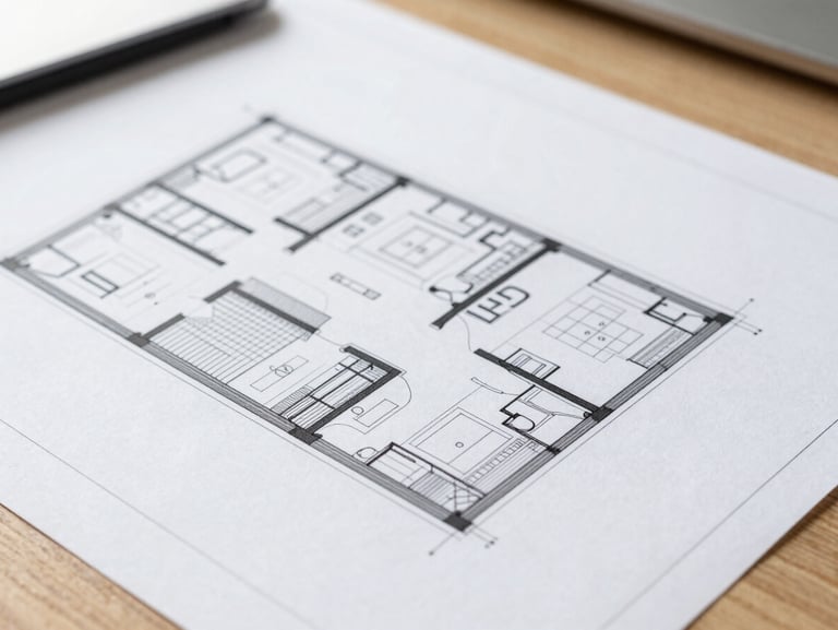 Macro detail of a clean architectural blueprint on a wooden desk, bright natural daylight, sharp focus, 35mm lens
