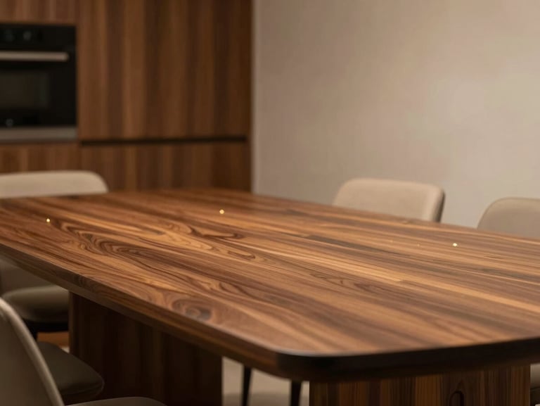 Architectural digest style photo of a modern dining room with a large PU-polished dining table under soft warm lighting, showing rich wood textures