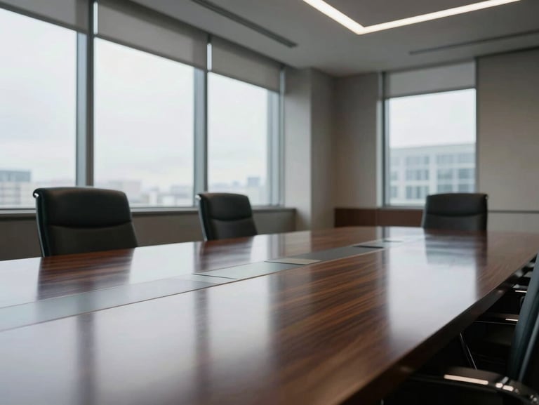 An empty high-end corporate boardroom with natural overcast light streaming through large windows, reflecting off a polished dark wood table, clean and professional