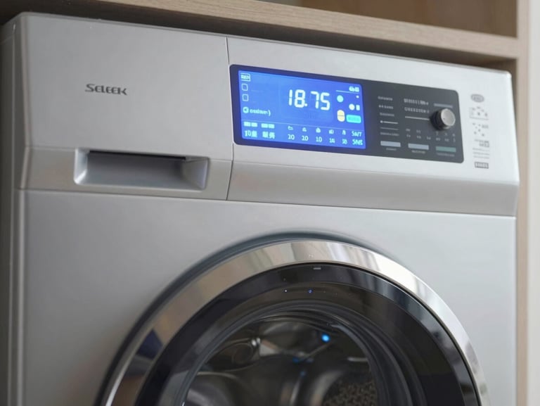 Sleek close-up of a modern digital touch interface on a high-end front-load washer-dryer, soft blue LED lights reflecting on brushed metallic steel, clean and sophisticated composition.