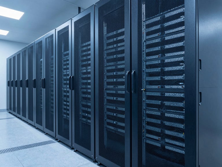 Wide-angle shot of a clean server room at night, cool industrial blue lighting, sharp focus on neatly organized server racks.