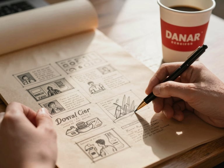 A close-up shot of hands sketching a local social media layout on warm parchment paper, next to a classic diner coffee cup, natural morning light.