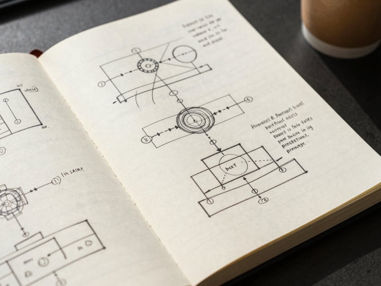 Overhead close-up of an open engineering notebook on a desk, filled with hand-drawn system architecture diagrams and margin annotations, flat north-facing daylight, one coffee cup partially visible at the edge, no people in frame