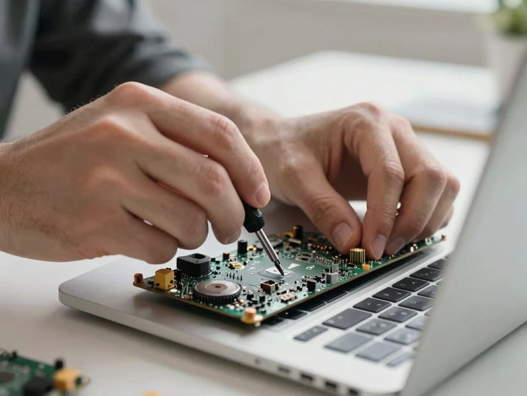 Close-up of hands working precisely with a small screwdriver on an open laptop motherboard on a clean white desk, natural daylight.