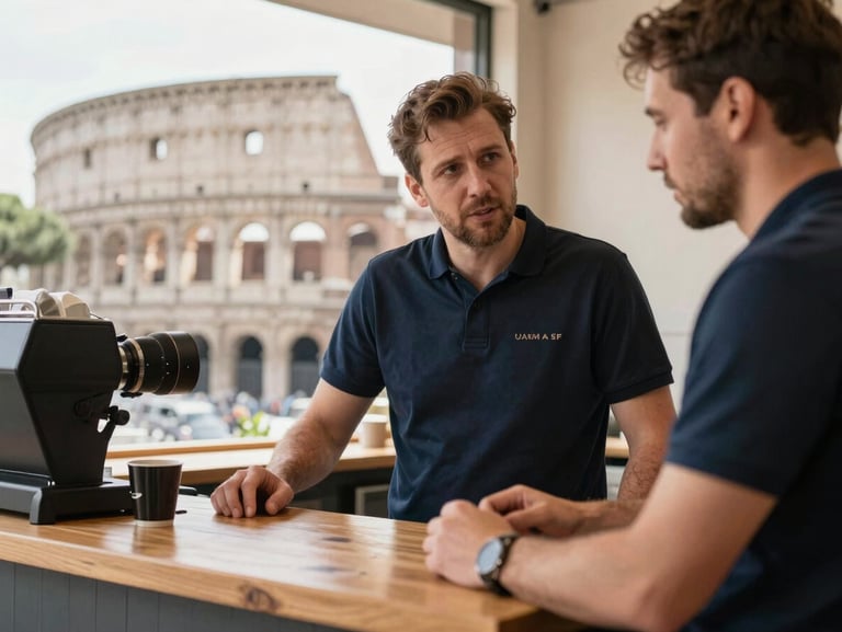 A professional technician in a dark blue polo shirt consulting with a cafe owner behind a wooden counter in Rome, bright natural light.