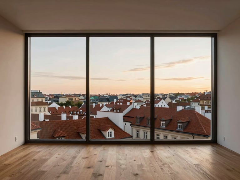 High-end penthouse interior, panoramic view of Prague rooftops, sunset light, wooden floor, minimalist design.