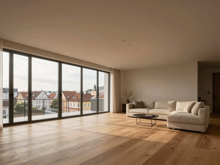 Bespoke luxury penthouse interior in Prague Bubenec, spacious living room with high ceilings, minimalist design, oak wooden floor, warm afternoon light through French windows