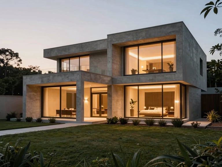 Modernist villa exterior at twilight, warm interior lights glowing, clean concrete lines, manicured garden.
