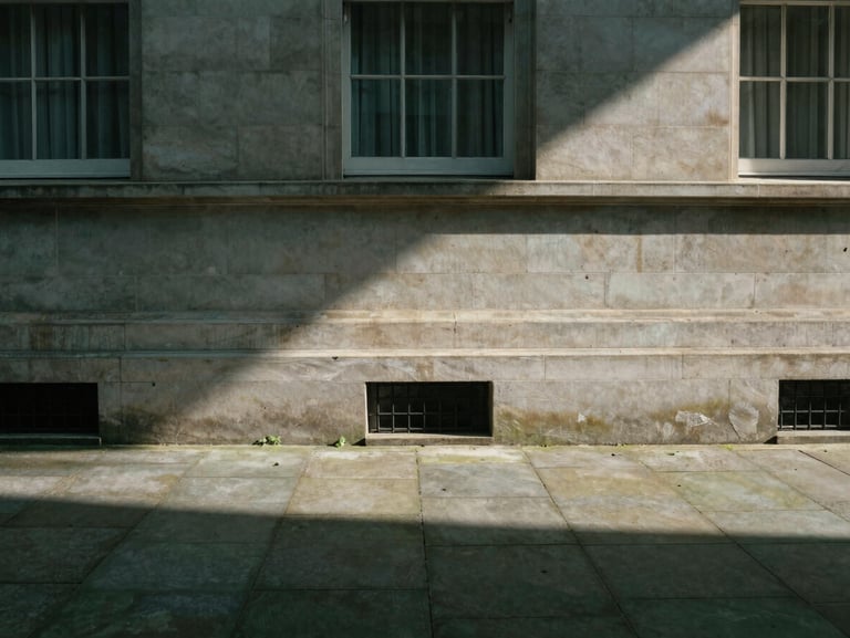 Subdued architectural detail of a private stone courtyard in London, soft afternoon shadows stretching across granite pavers, minimal and quiet, 35mm.
