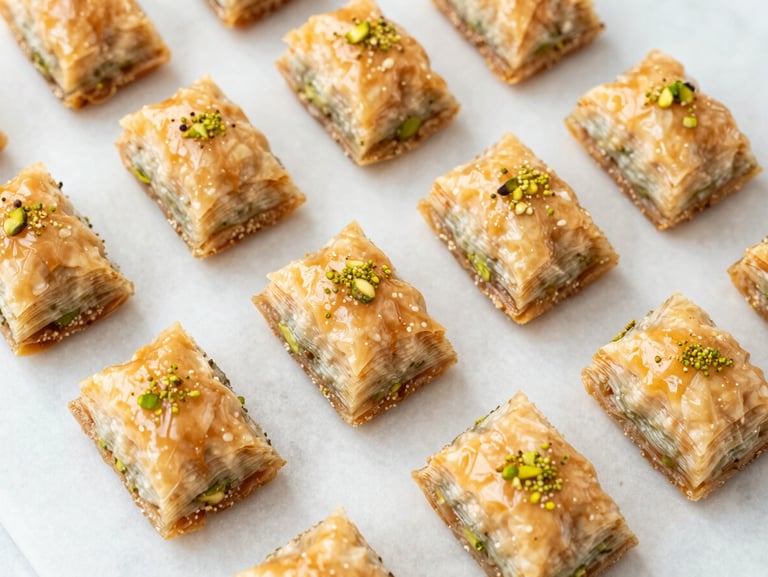 Overhead flat-lay of uniform baklava diamonds on a clean marble surface, bright natural side-light, warm honey and pistachio tones, shallow depth of field