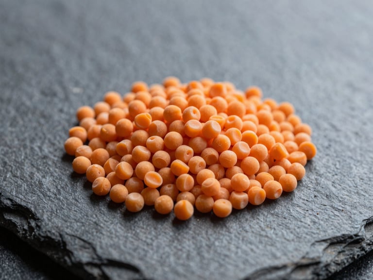 Industrial macro photography of uniform orange polymer granules in cool daylight, high-contrast slate tones, sharp focus, shallow depth of field