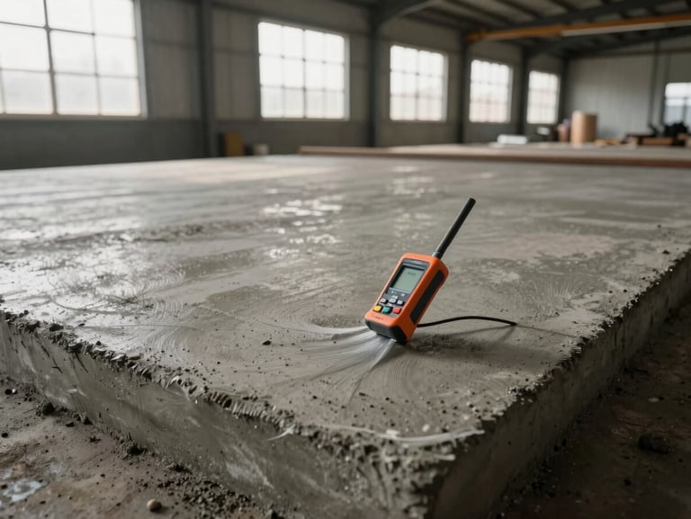 Wide-angle shot of a concrete slab being prepped in a commercial warehouse bay, moisture meter probe resting on the raw concrete surface, warm overcast daylight through high windows, no workers visible — just tools and substrate