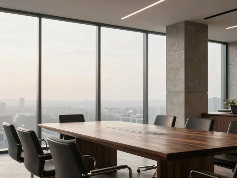 Sophisticated corporate boardroom with a dark walnut table, structural concrete pillars, floor-to-ceiling glass windows with soft overcast light