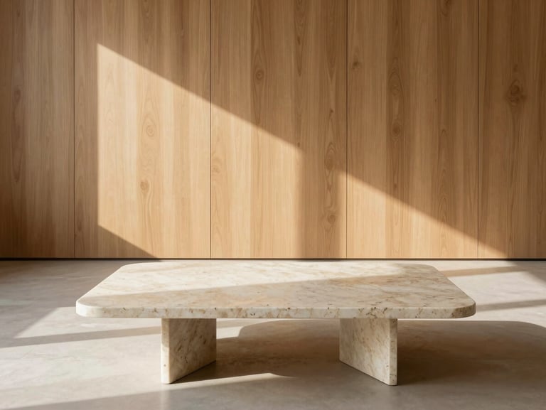 Warm minimalist living room with a travertine marble coffee table, raw oak paneling, soft natural daylight casting long shadows, 35mm