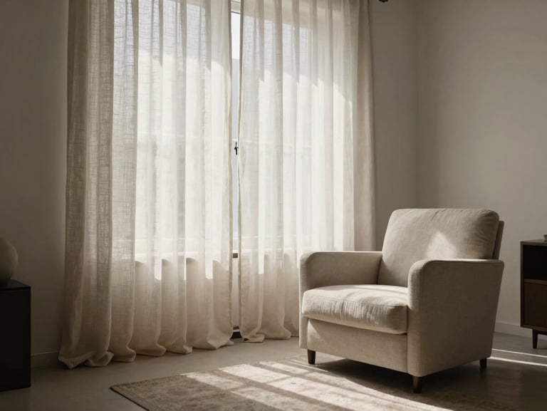 Minimalist, quiet living room in Barcelona, soft morning daylight filtering through linen curtains, a comfortable armchair, elegant neutral decor, peaceful atmosphere.