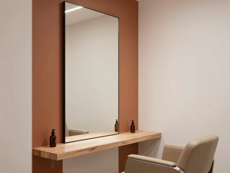 Intimate private hair studio in Barcelona, warm terracotta accents, gallery-white walls, minimalist mirror, soft diffused lighting, serene ambiance.