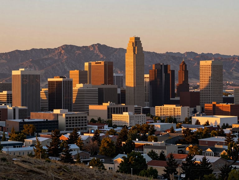 Salt Lake City Utah skyline at golden hour viewed from a hilltop, Wasatch Range behind the city, modern downtown buildings catching warm light, wide environmental framing
