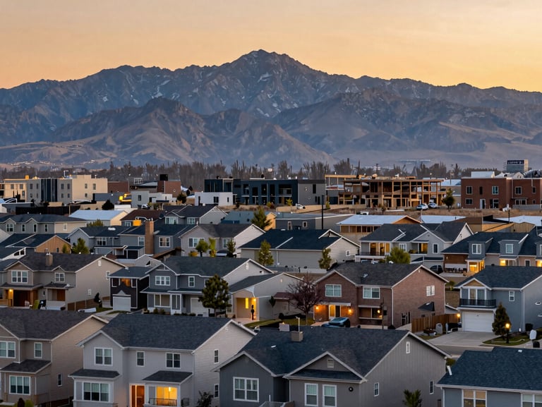 West Valley City Utah residential neighborhood at dusk, a mix of established homes and new construction visible, Oquirrh Mountains silhouetted against a warm sky in the background