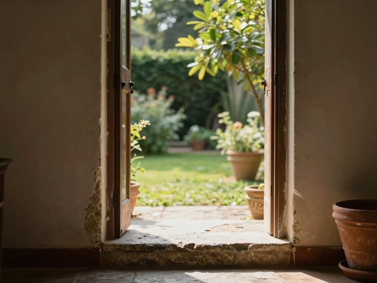 Stone doorway threshold seen from inside a dim hallway looking out to a sunlit garden, worn limestone step at the base, a terracotta pot just visible to the right, natural backlit framing