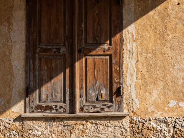 Close-up of a weathered wooden shutter half-open on a stone wall, afternoon light casting a diagonal shadow across faded ochre plaster, eye-level framing, texture of aging wood grain visible
