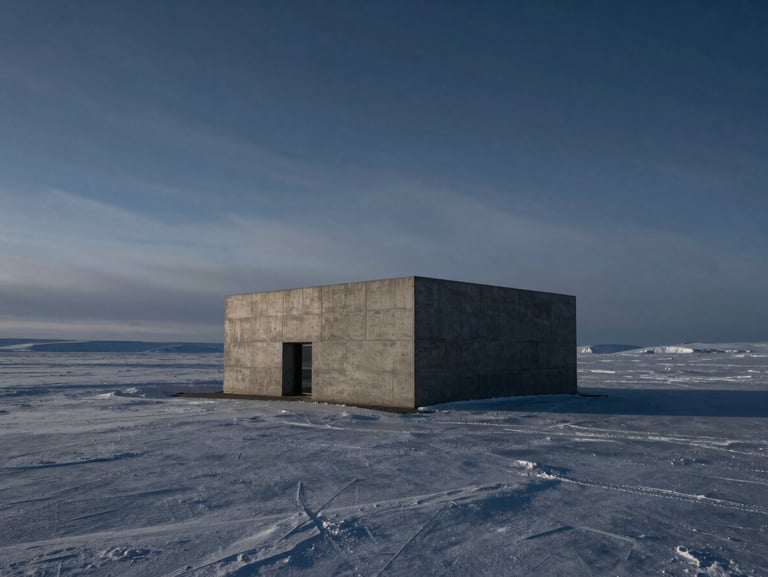 Minimalist concrete architectural structure standing alone in a vast frozen arctic plain, low-angle polar sun casting long sharp shadows.