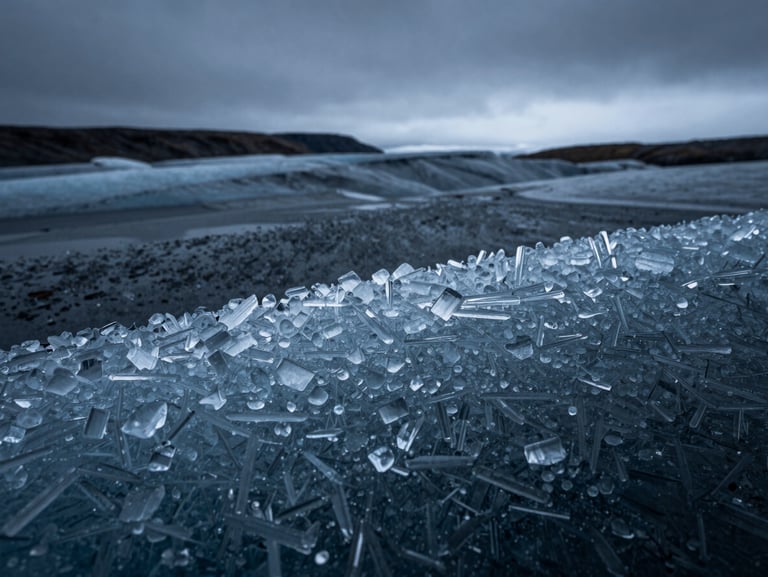 Extreme macro close-up of pure glacial ice texture, sharp crystalline structures, cold blue and charcoal tones, high contrast lighting.